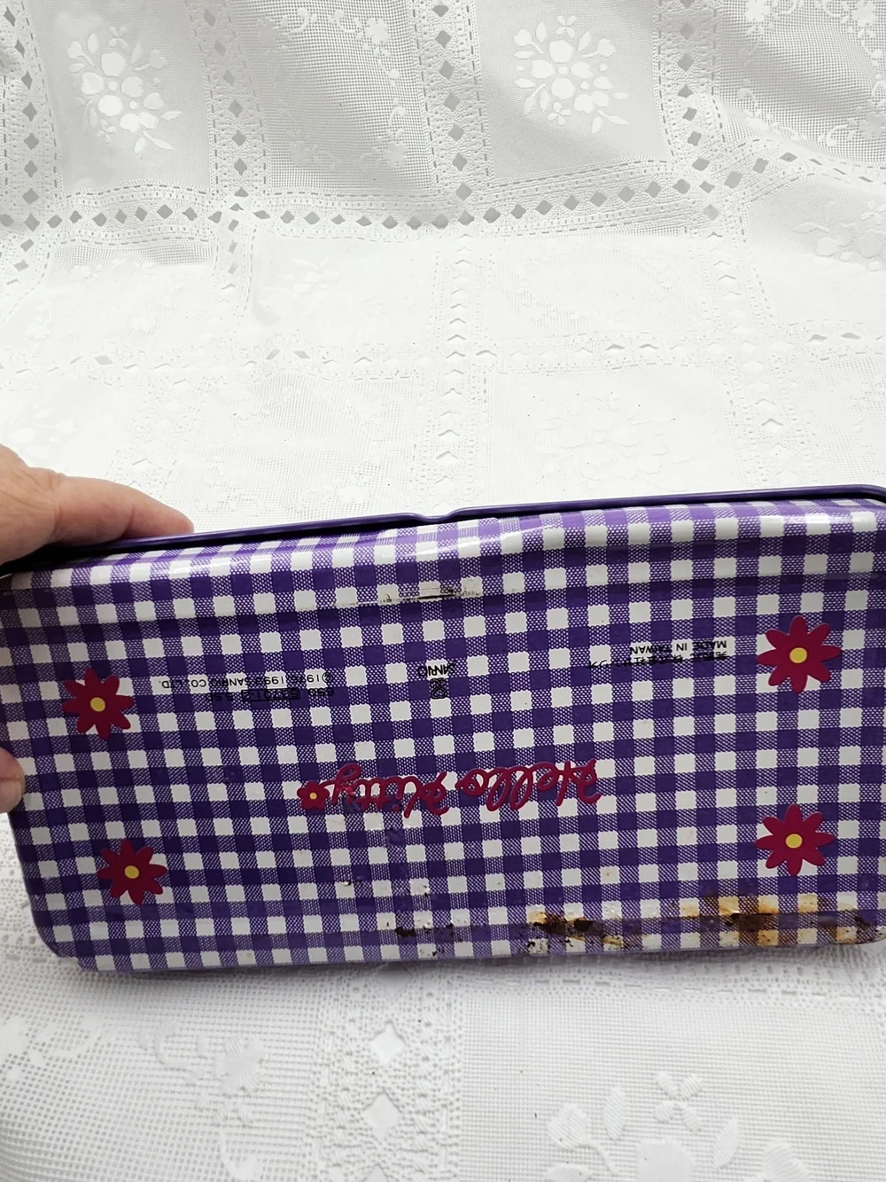 1993 Vintage Sanrio Hello Kitty  Tin Pencil Case Purple Gingham Flower